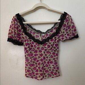 Urban outfitters Floral Top with Black Lace Trim